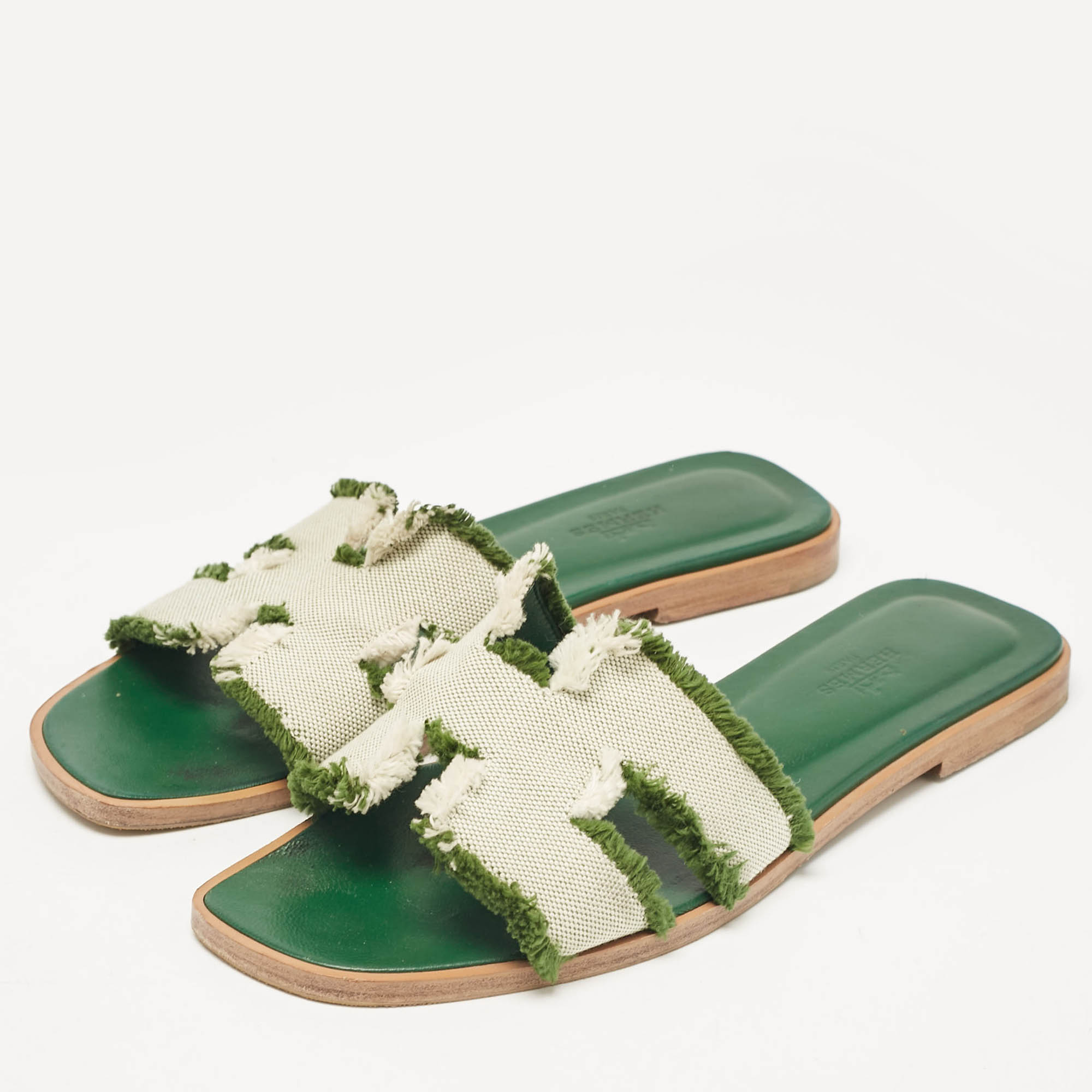 Hermes Green/White Canvas Oran Flat Slides Size 38