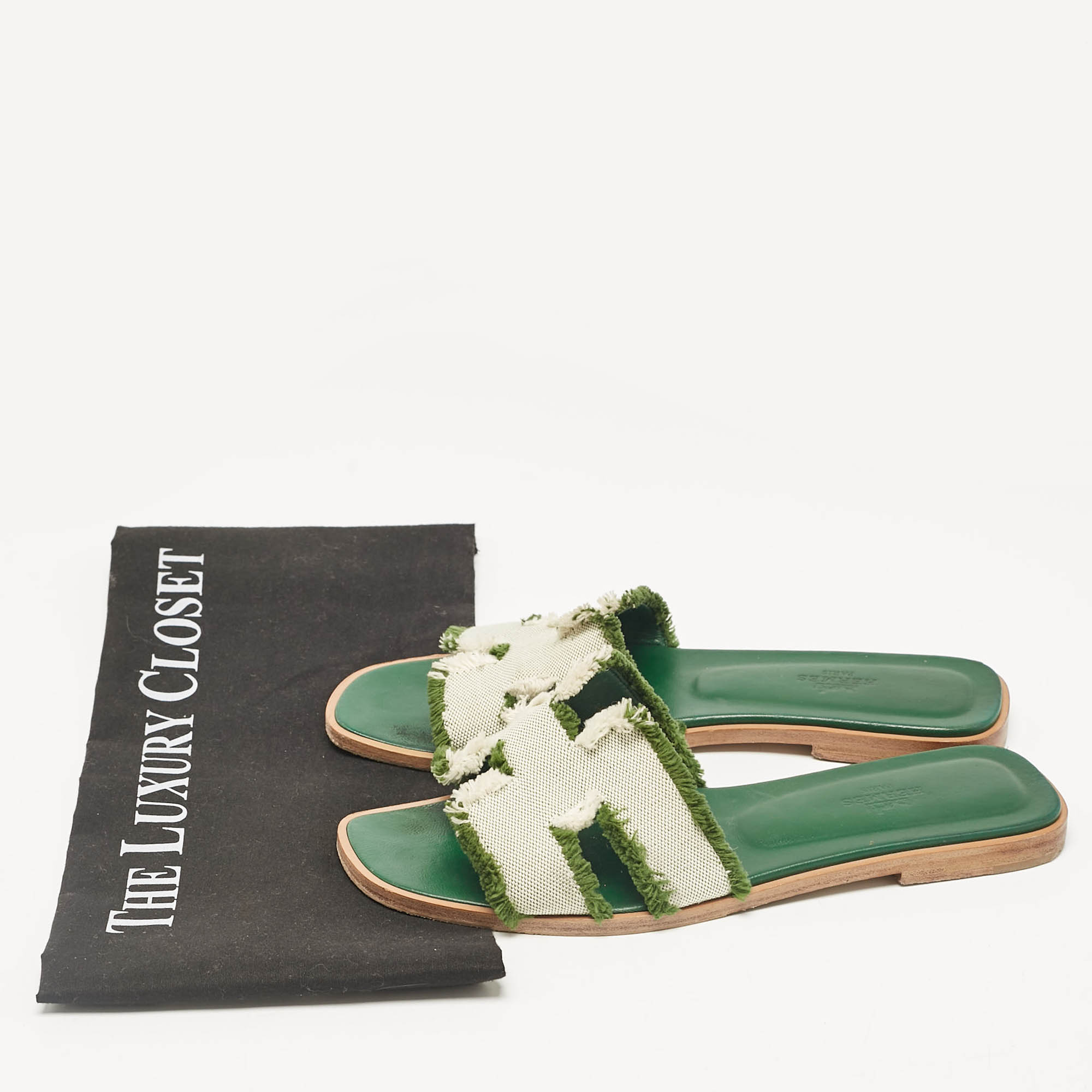 Hermes Green/White Canvas Oran Flat Slides Size 38