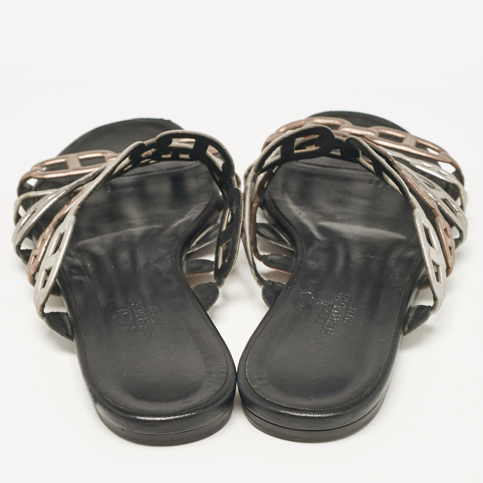 Hermes Metallic Leather Thalassa Flat Slides Size 36