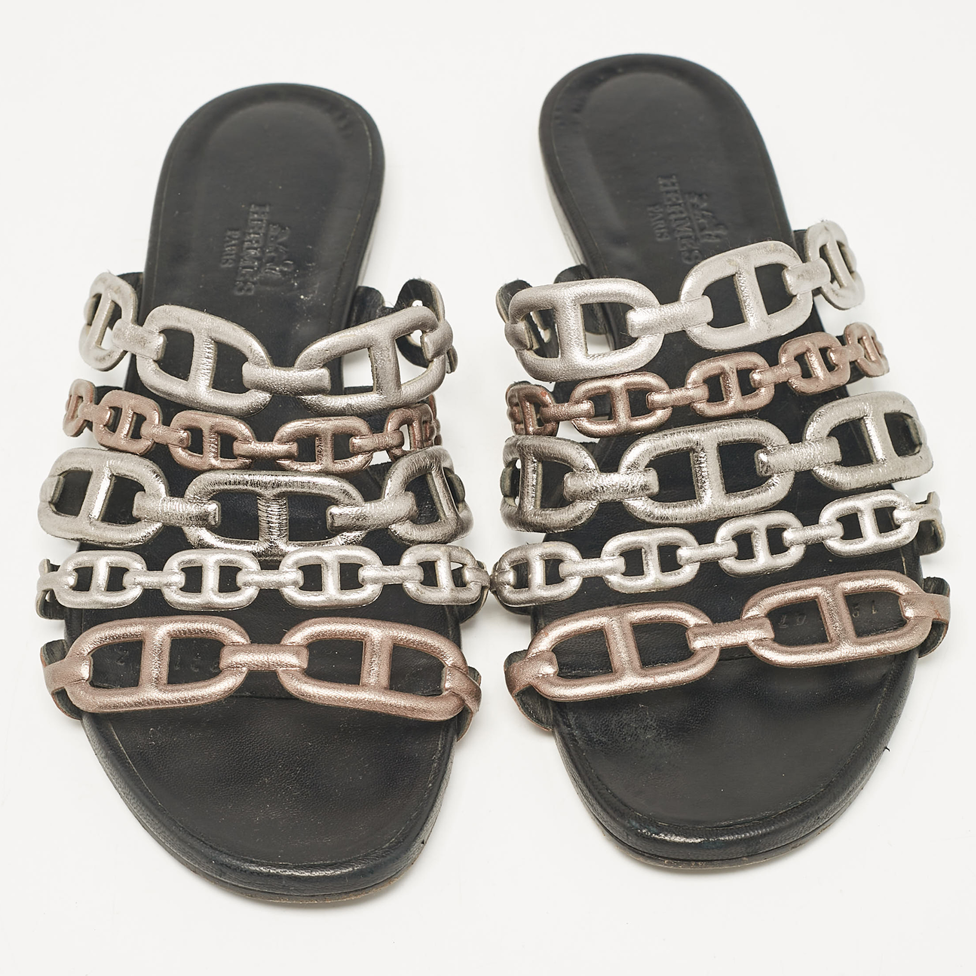 Hermes Metallic Leather Thalassa Flat Slides Size 36