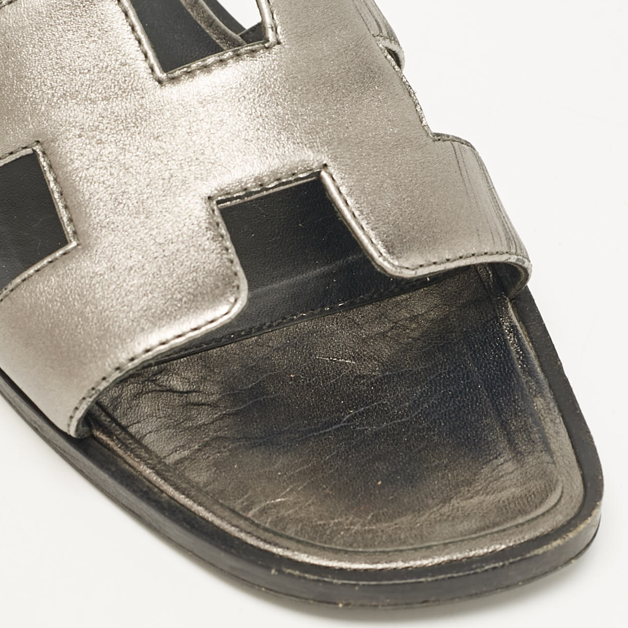 Hermes Metallic Grey Leather Oran Flat Slides Size 38