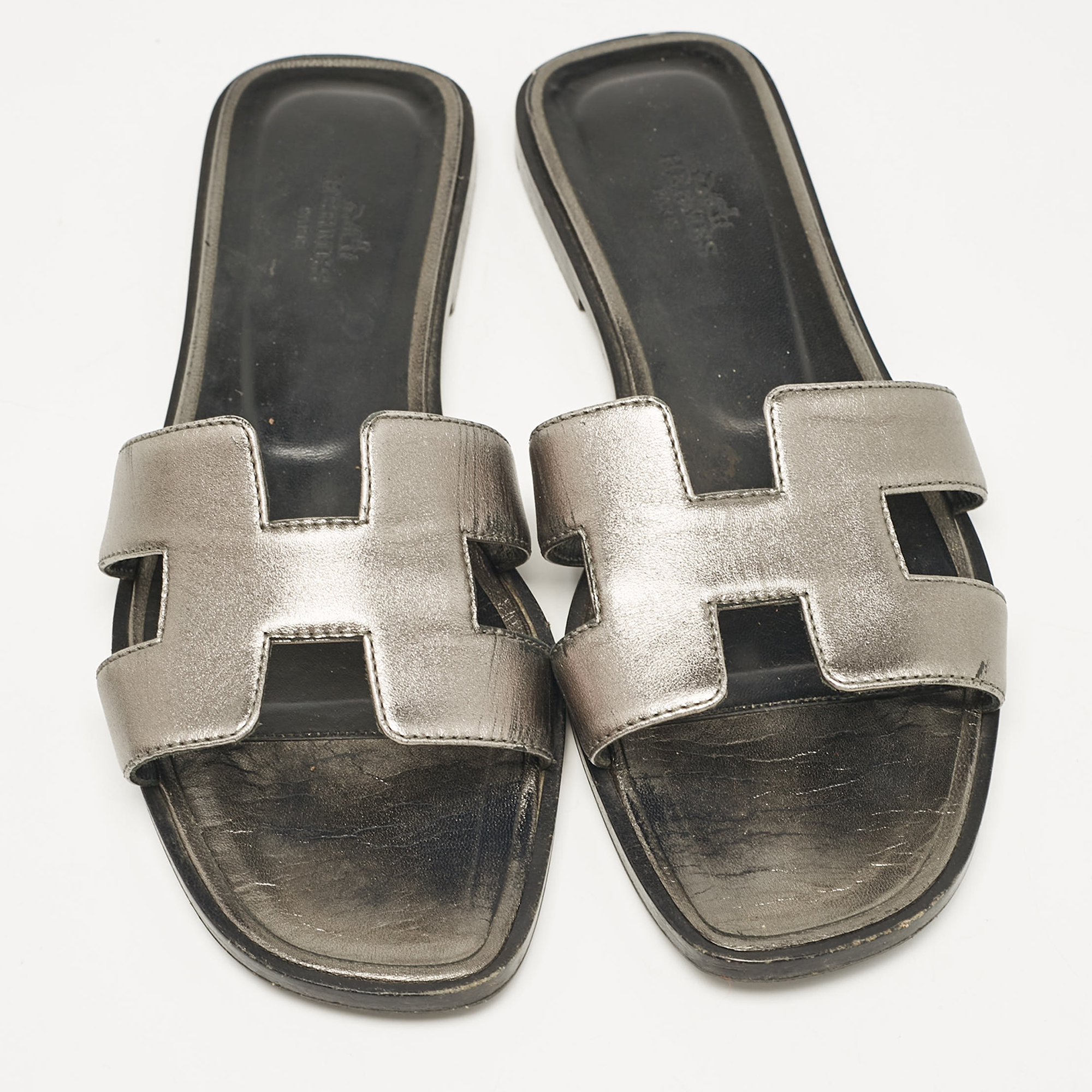 Hermes Metallic Grey Leather Oran Flat Slides Size 38