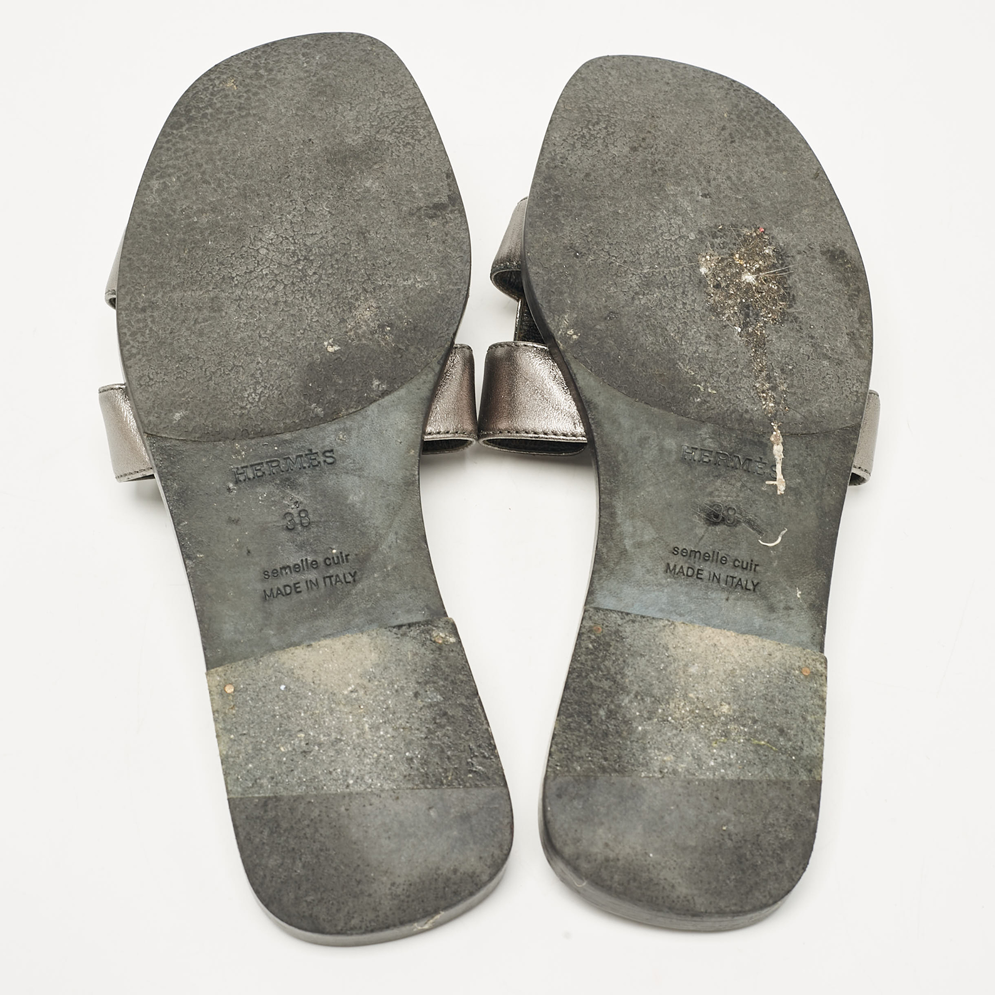 Hermes Metallic Grey Leather Oran Flat Slides Size 38