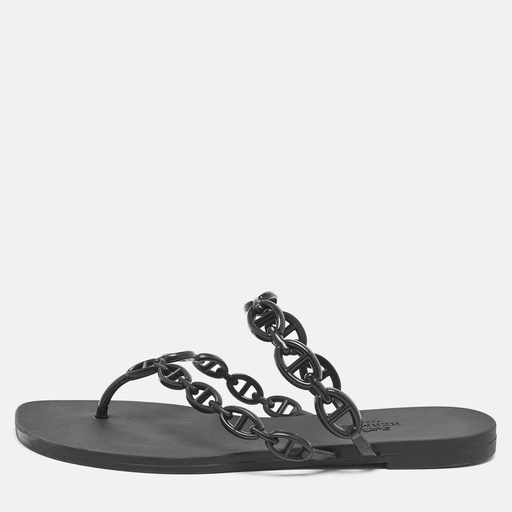 Hermes Black Rubber Island Flat Sandals Size 39