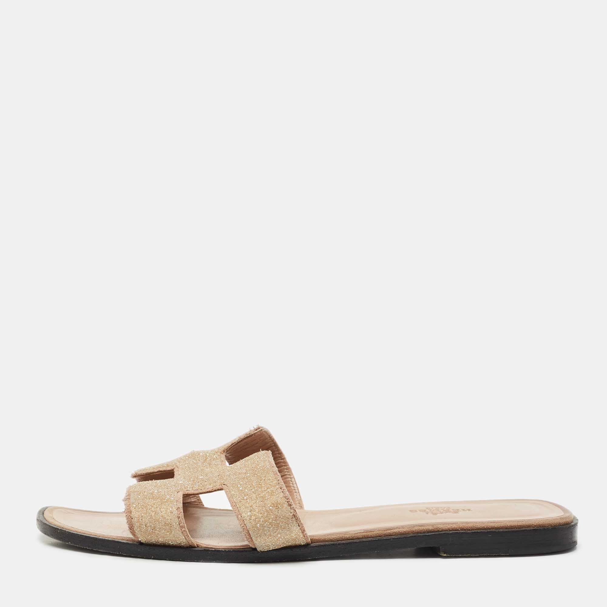 Hermes Beige Crystal Suede Oran Flat Slide Sandals Size 39 - Hermes - Modalova