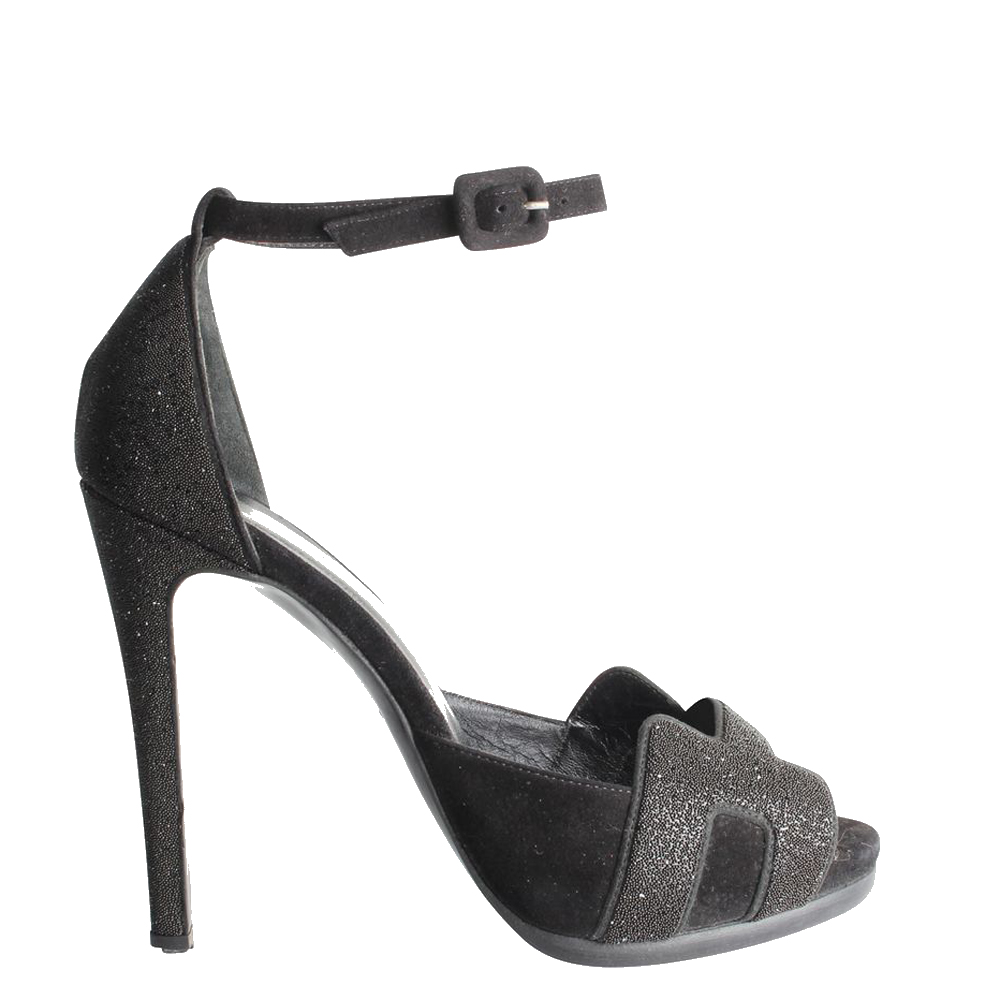 Image of Hermes Black Suede Glitter Premiere H Sandals Size .