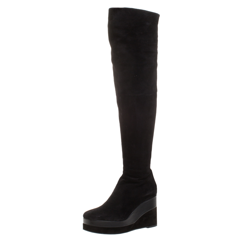 Image of Hermes Black Suede And Leather Platform Wedge Over The Knee Boots Size