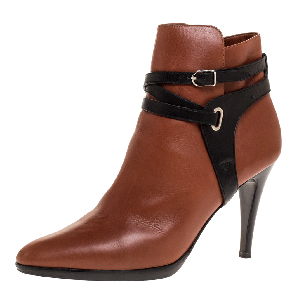Image of Hermes Brown/Black Leather Cross Strap Pointed Toe Ankle Boots Size
