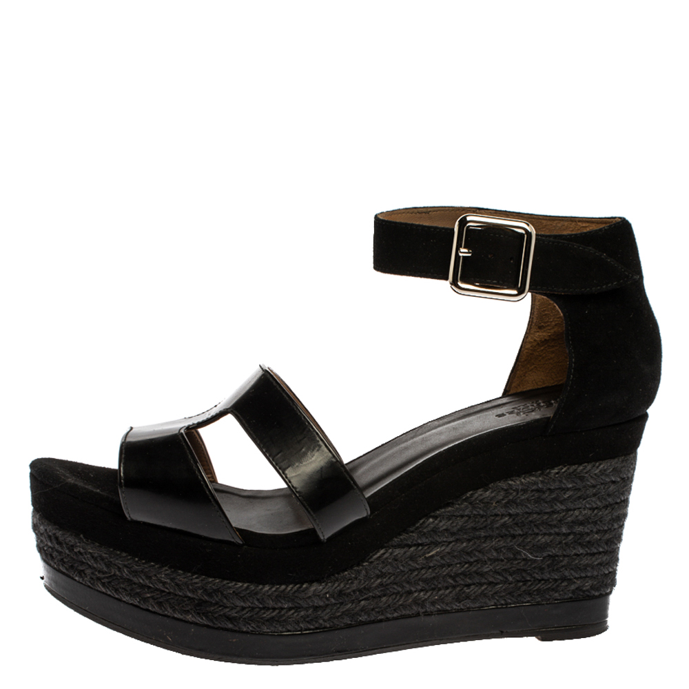 

Hermes Black Suede and Patent Leather Ilana Espadrille Wedges Sandals Size
