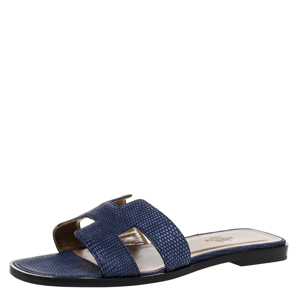 Image of Hermes Blue Lizard Oran Flat Sandals Size