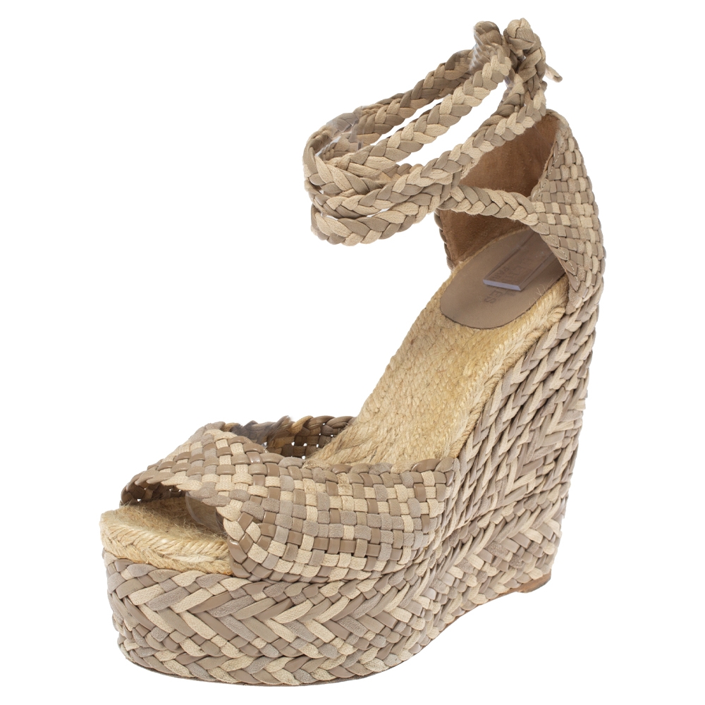 Image of Hermes Beige Leather, Suede and Canvas Epice Tresse Espadrille Wedge Sandals Size