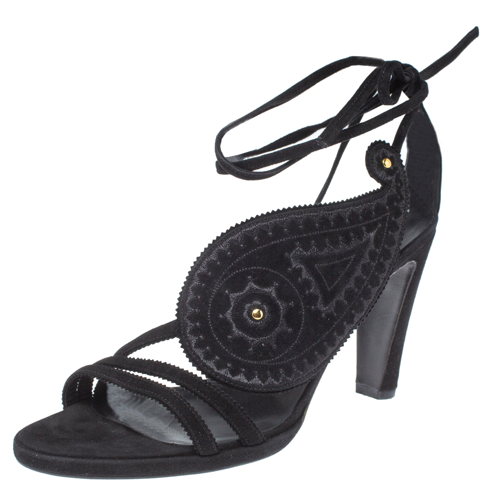 Image of Hermes Black Suede Leather Ankle Wrap Sandals Size .
