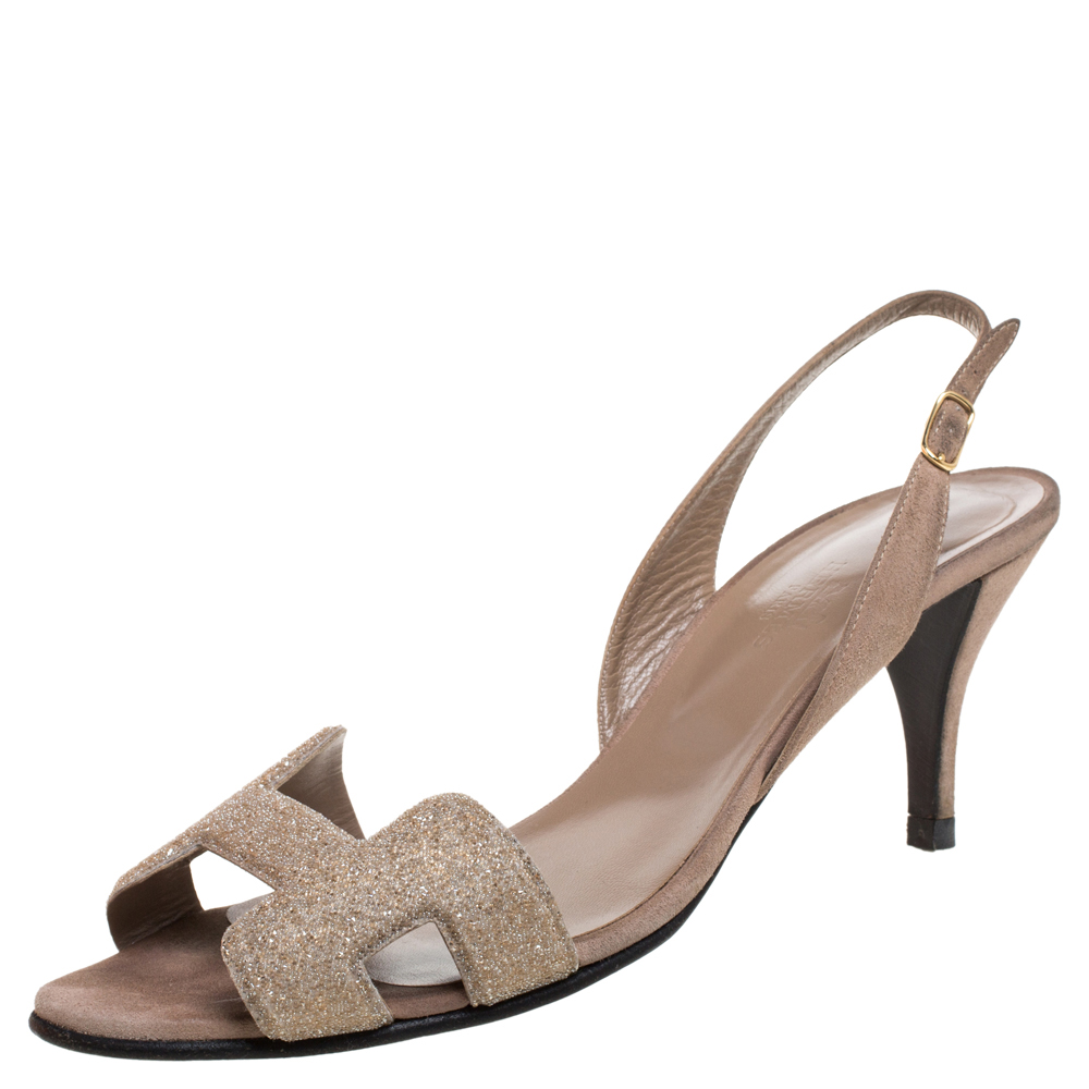 Image of Hermes Beige Suede Night Crystal Powder Ankle Strap Sandals Size