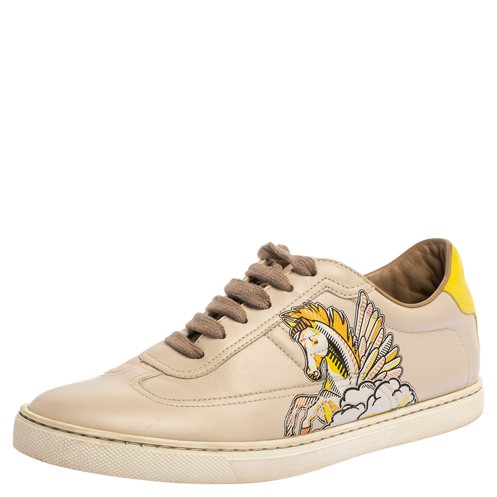 Image of Hermes Beige P&eacute;gase Pop Print Leather Quicker Low Top Sneakers Size