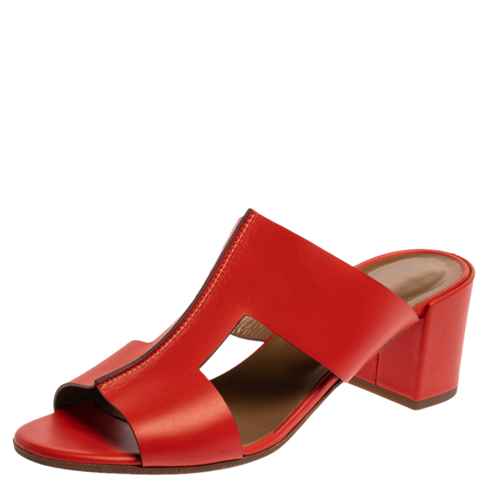 Image of Hermes Cappucine Leather Ostia Slide Sandals Size .