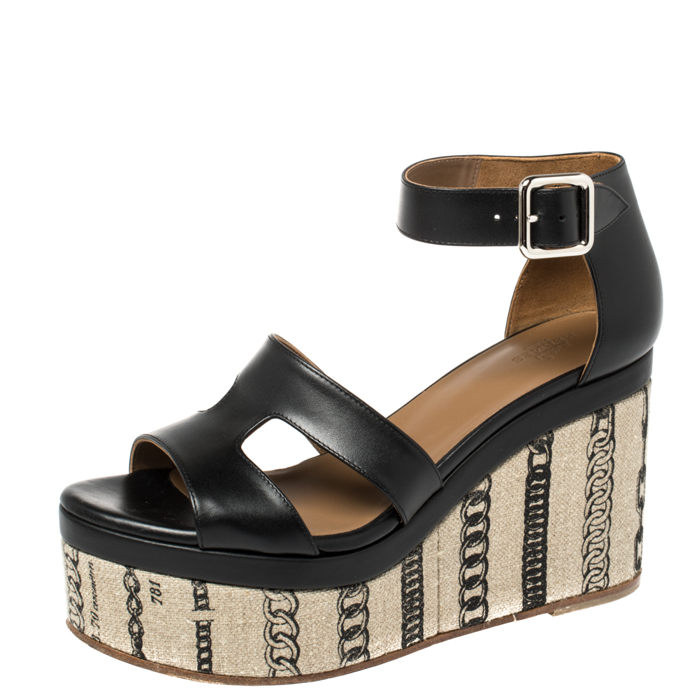 Image of Hermes Black Leather Chain Print Wedge Sandals Size .