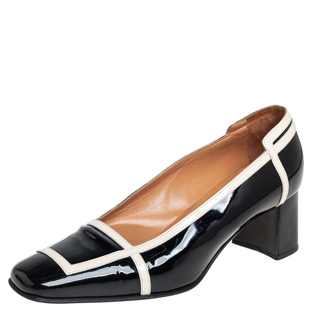 Hermes Black/Cream Patent Leather Square Toe Block Heel Pumps Size 35.5