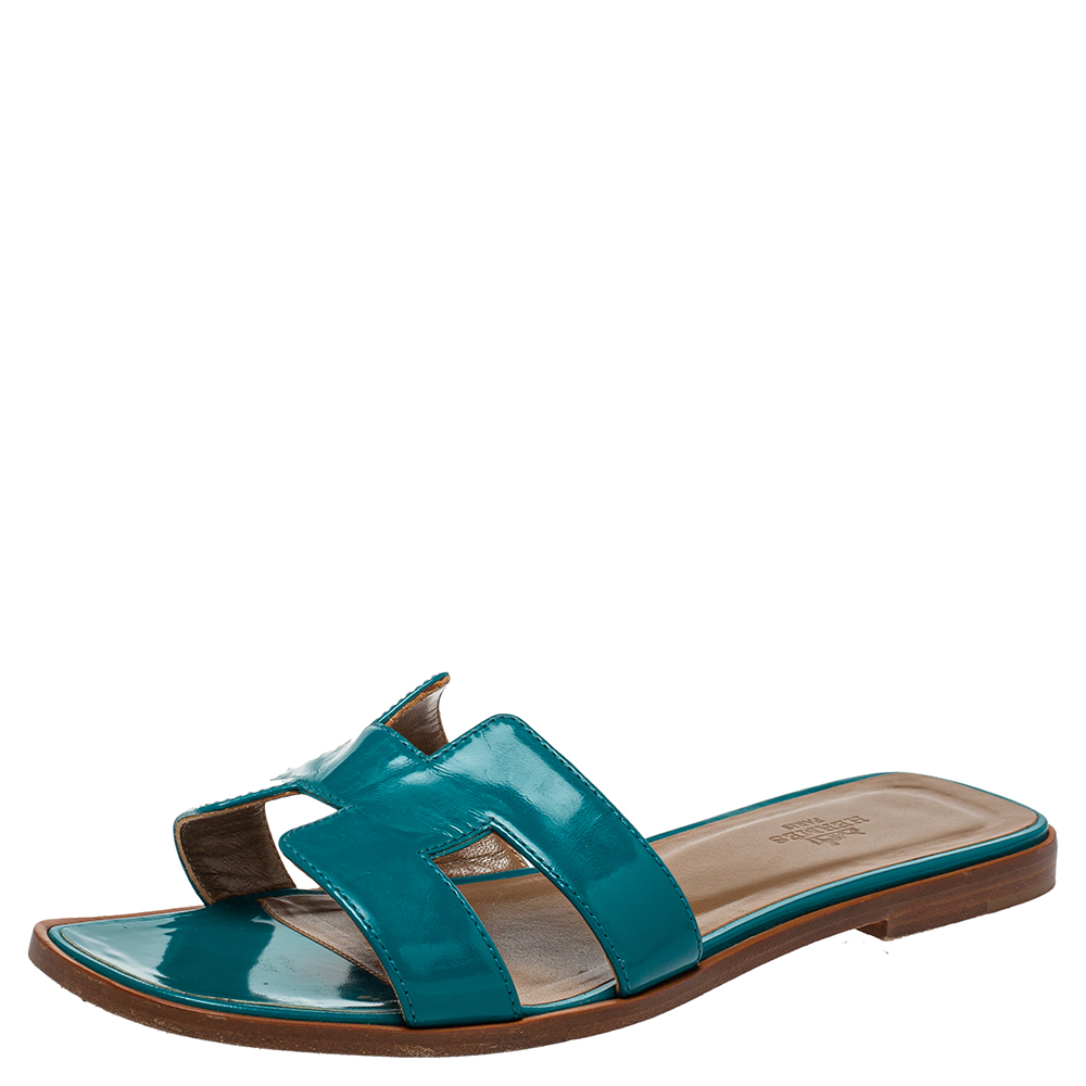Hermes Blue Leather Oran Flat Sandals Size 38