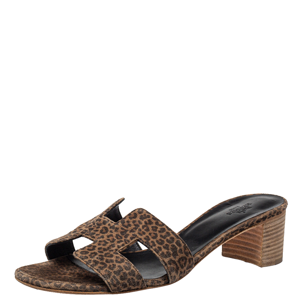 Hermès Brown Suede Leopard Print Oasis Sandals Size 39