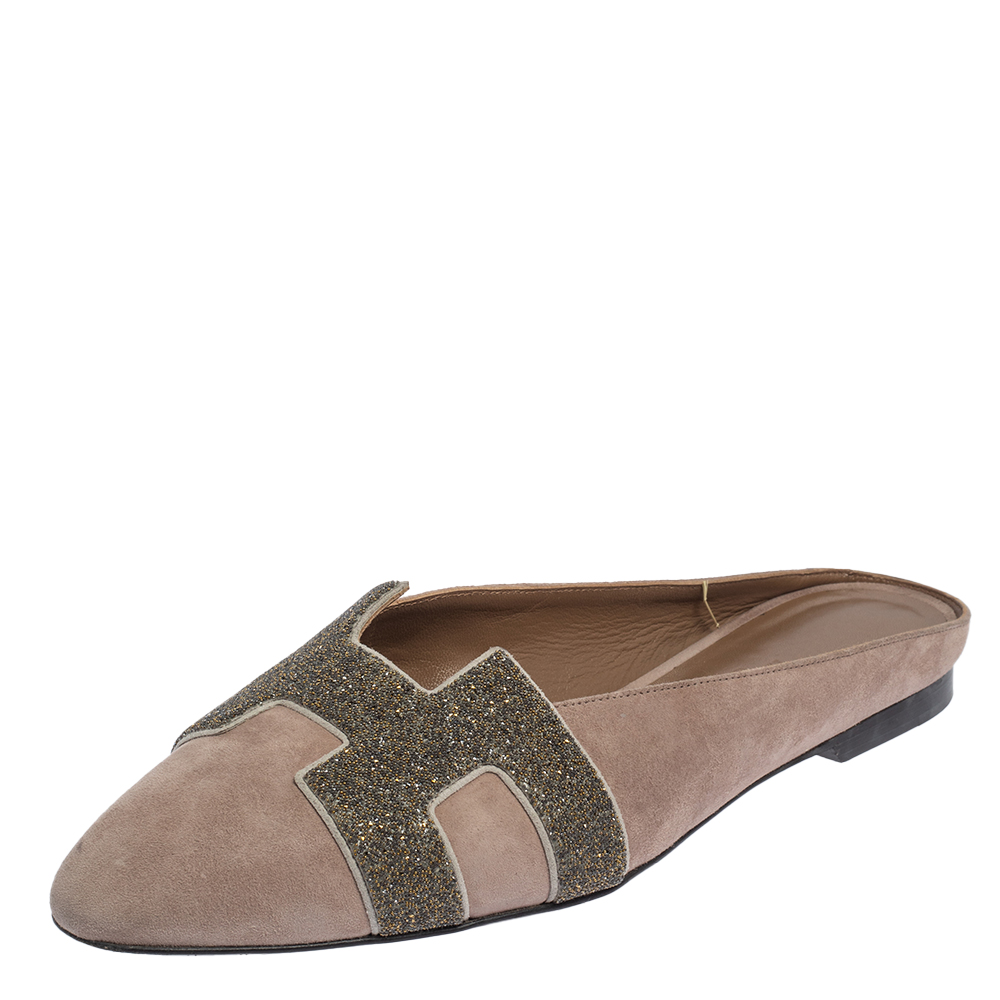 Hermes Pink Suede and Crystal Powder Nice Mule Flats Size 39