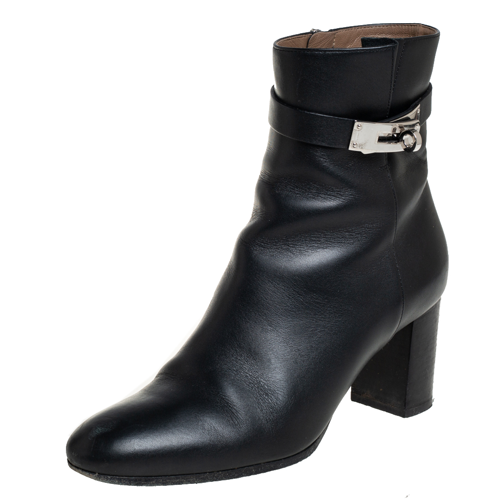 Hermes Black Leather Kelly Ankle Boots Size 37.5