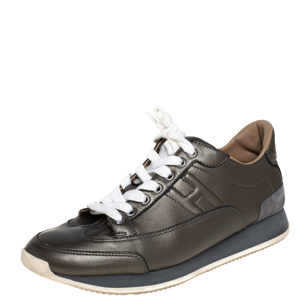 Hermes Metallic Grey Leather Trial Low Top Sneakers Size 39