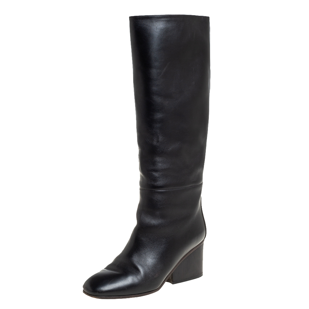 Hermes Black Leather Knee Length Boots Size 38