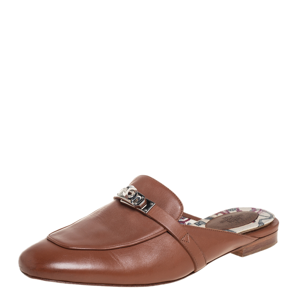 Hermes Brown Leather Kelly Mule Flats Size 39
