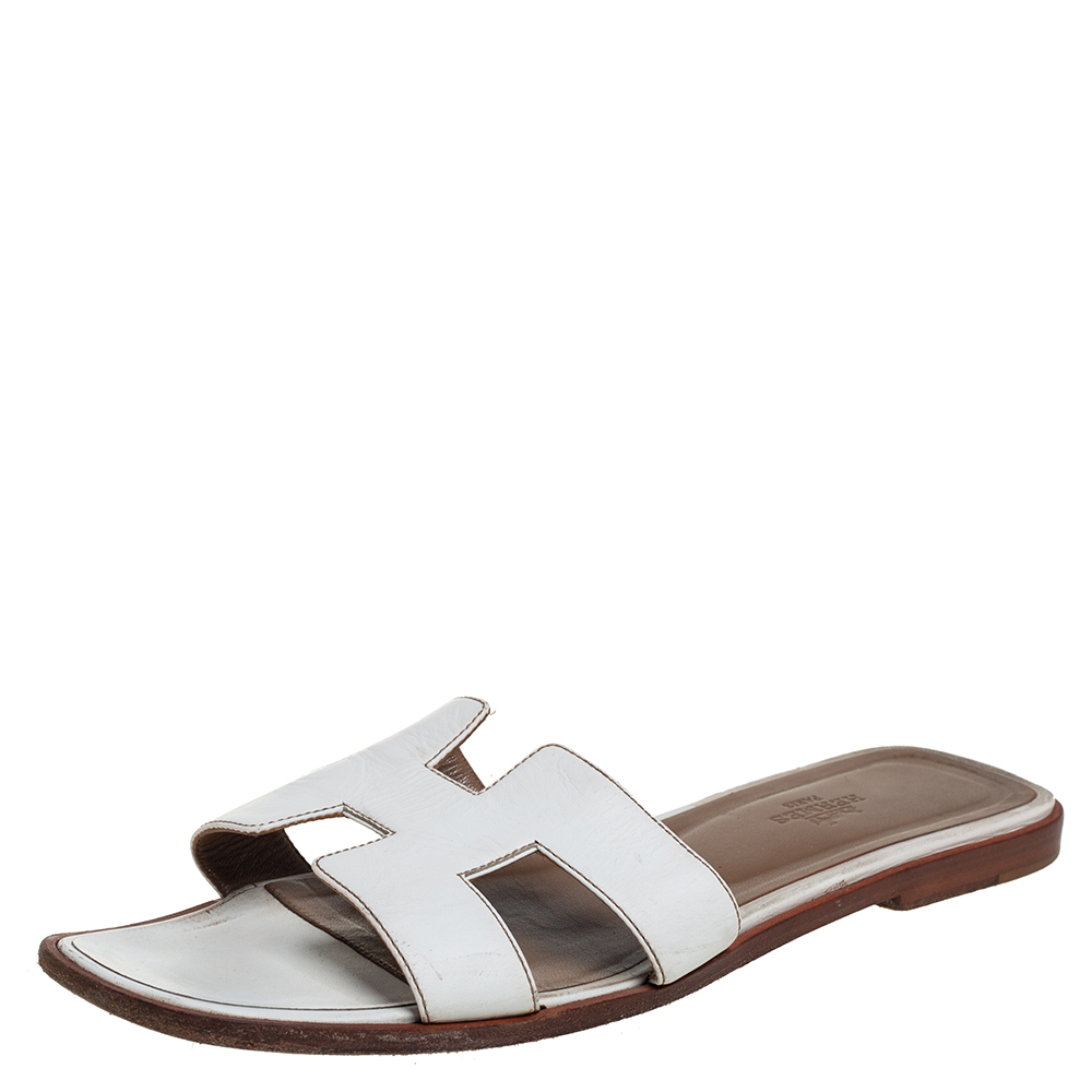 Hermes White Leather Oran Slide Sandals Size 40