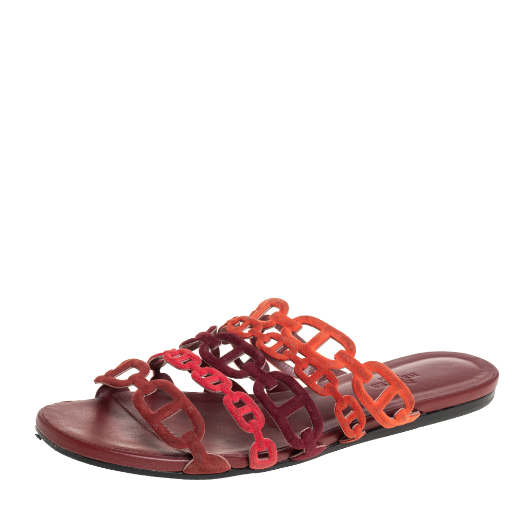 Hermes Multi Rouge Suede D'ancre Chaine Slide Sandals Size 37