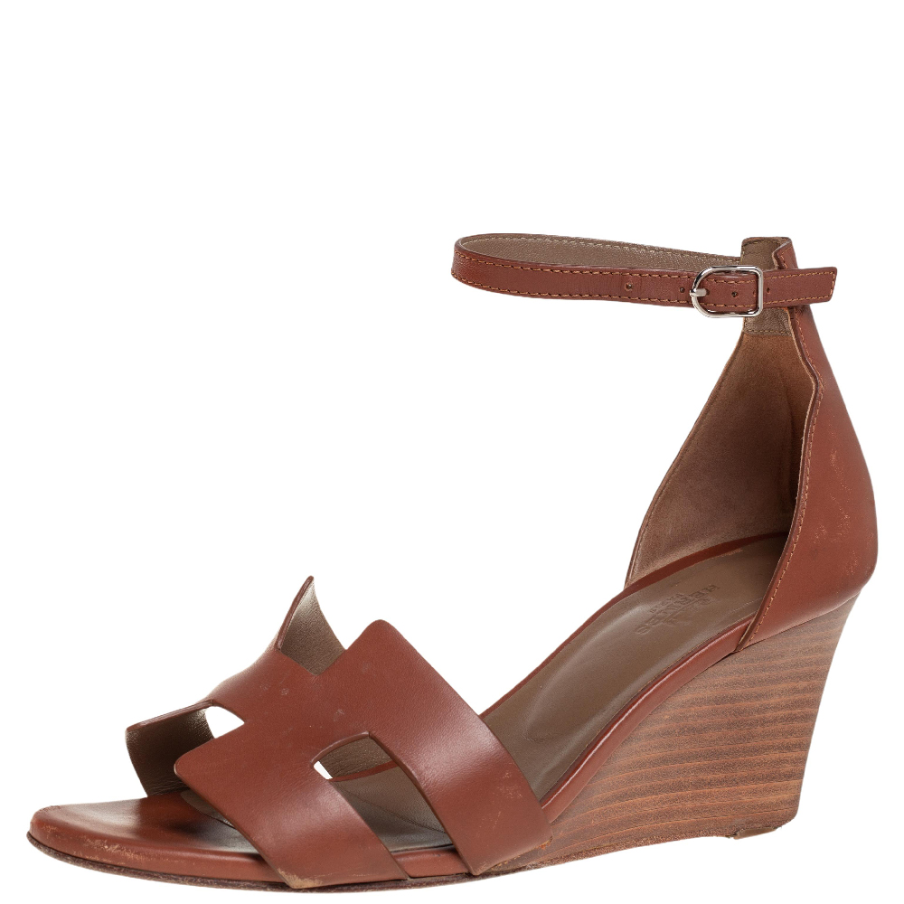 Hermes Brown Leather Legend Wedge Ankle Strap Sandals Size 39