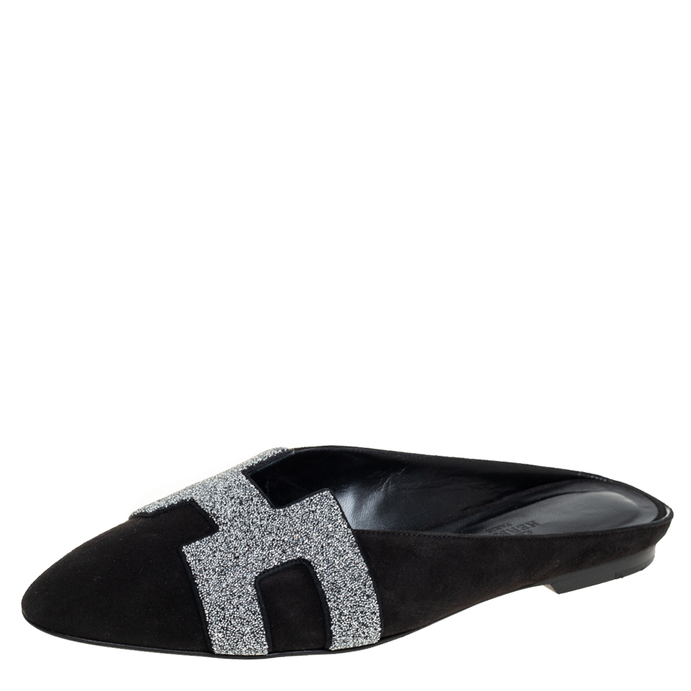 Hermes Black Suede Roxane Mule Sandals Size 37