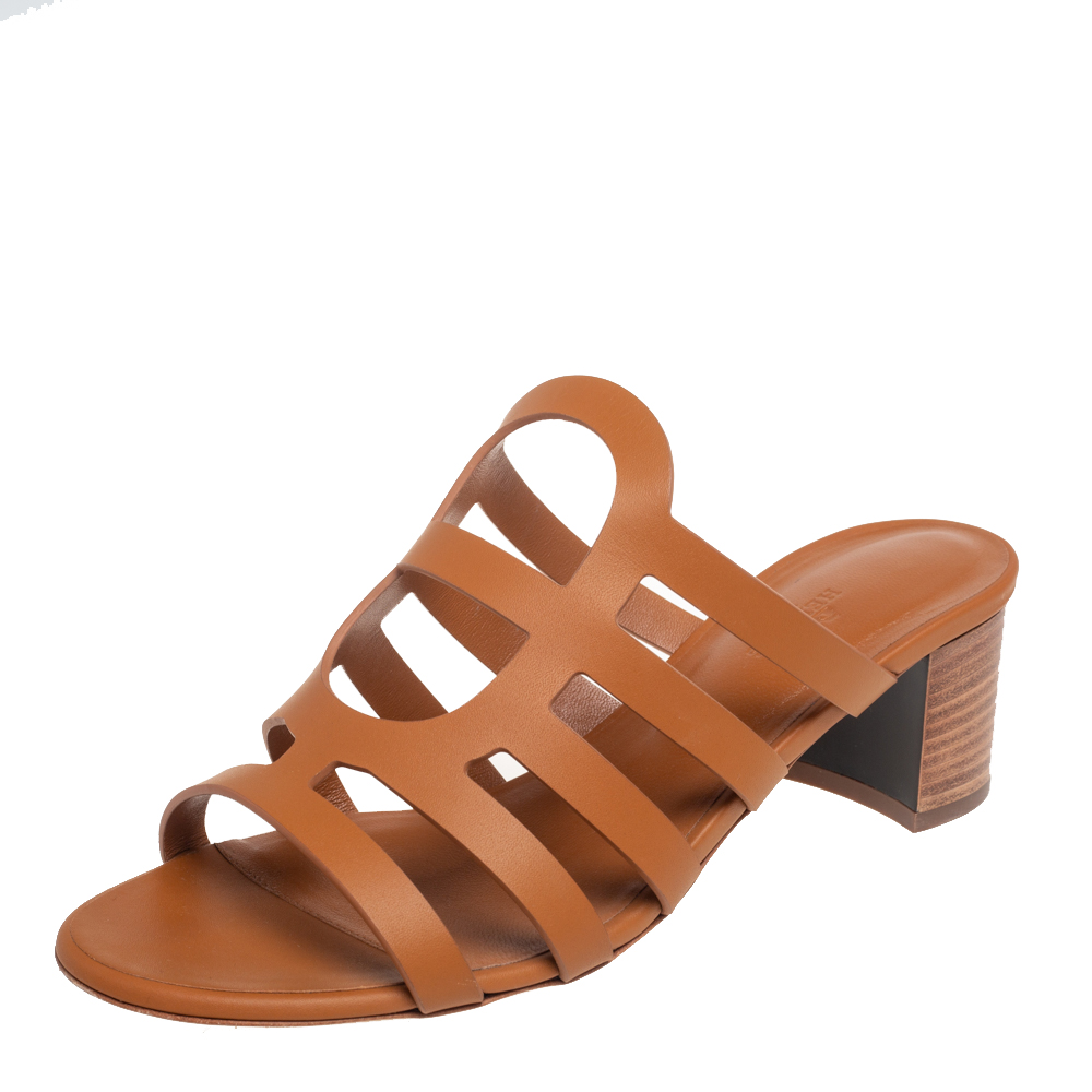 Hermes Brown Leather Block Heel Mule Sandals Size 39