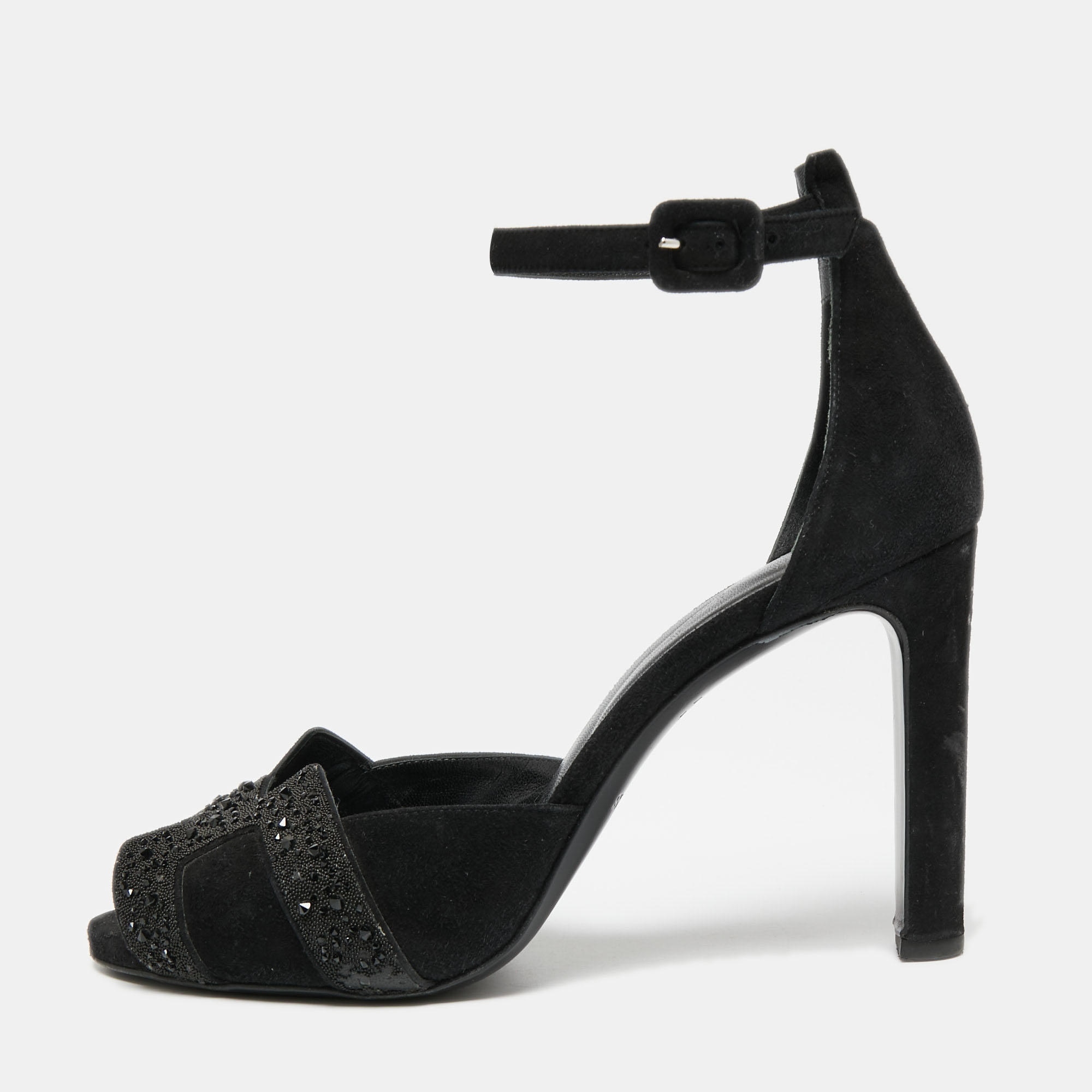 Hermes Black Suede And Glitter Embellished Krystal Ankle Strap Sandals Size 39