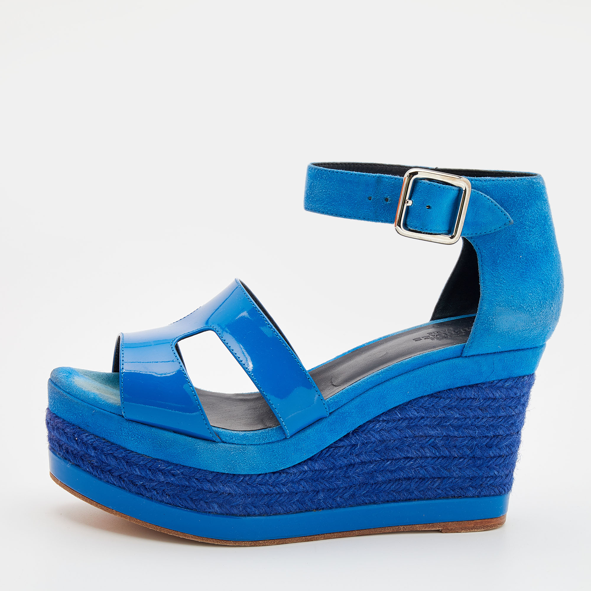 Hermes Blue Patent Leather and Suede Ilana Espadrille Wedge Sandals Size 36