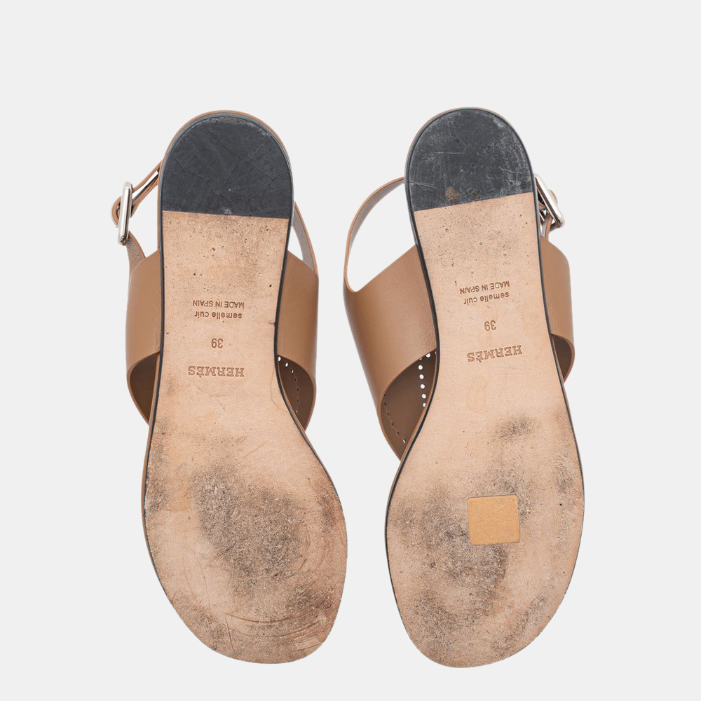 Hermes Brown Leather Kola Slingback Sandals Size EU 39