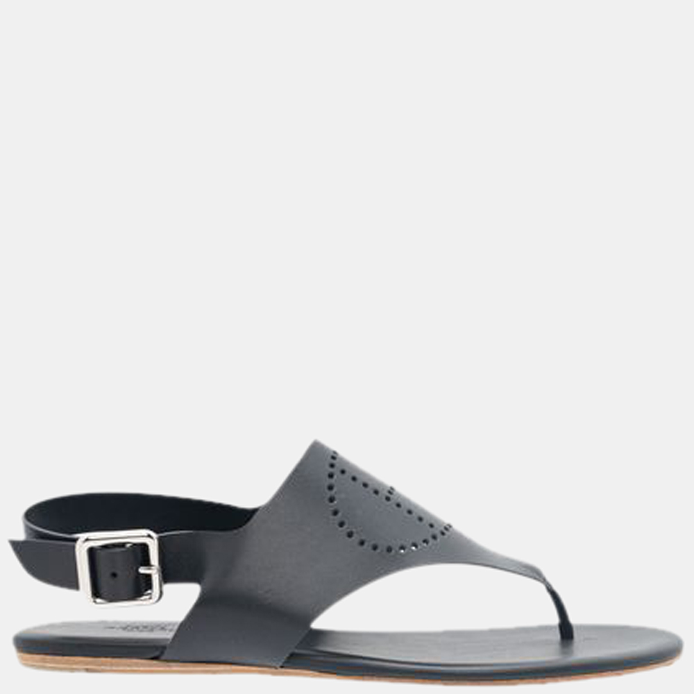 Hermes Black Leather Kola Thong Flat Slingback Sandals Size EU 39