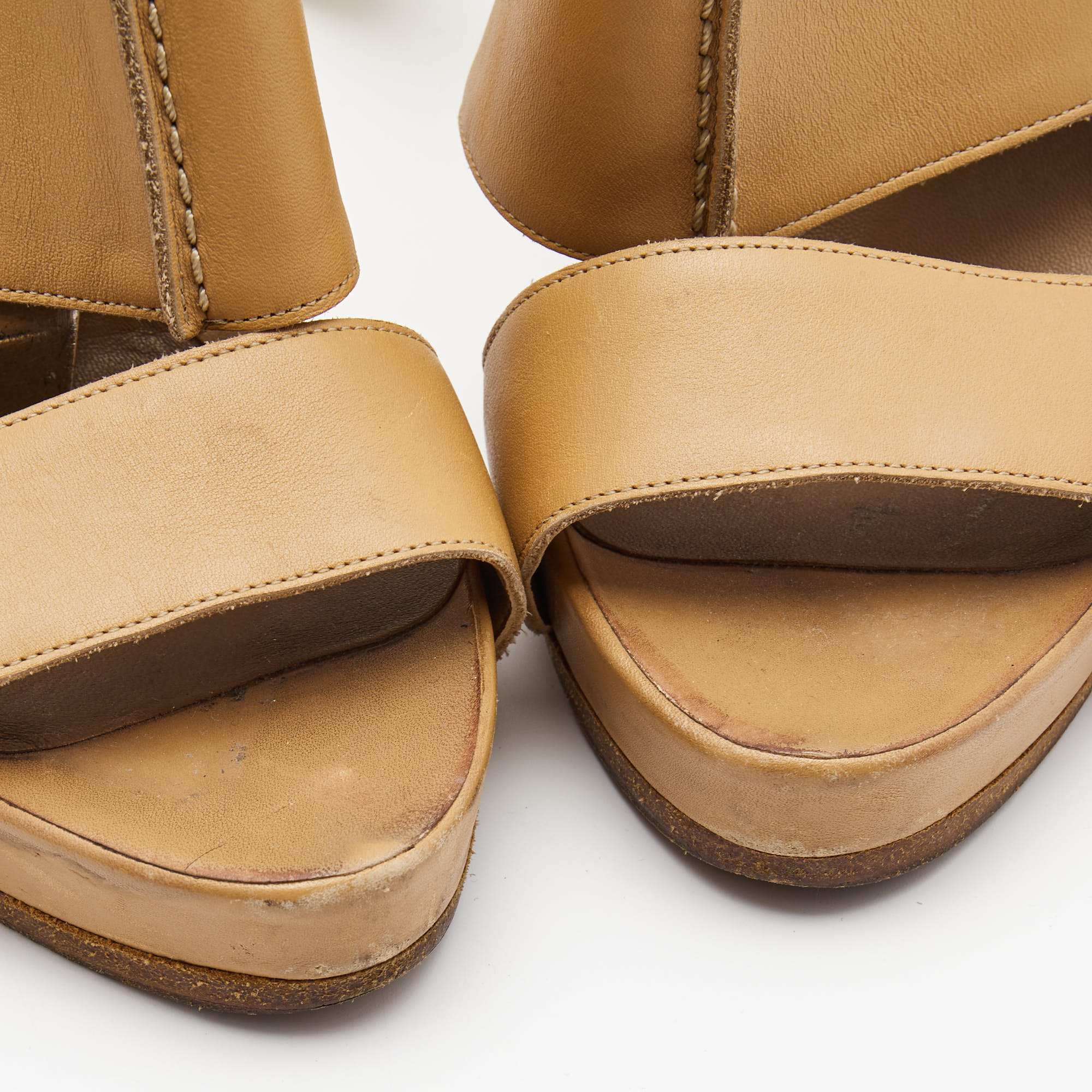 Hermes Tan Leather Platform Ankle Wrap Sandals Size 37