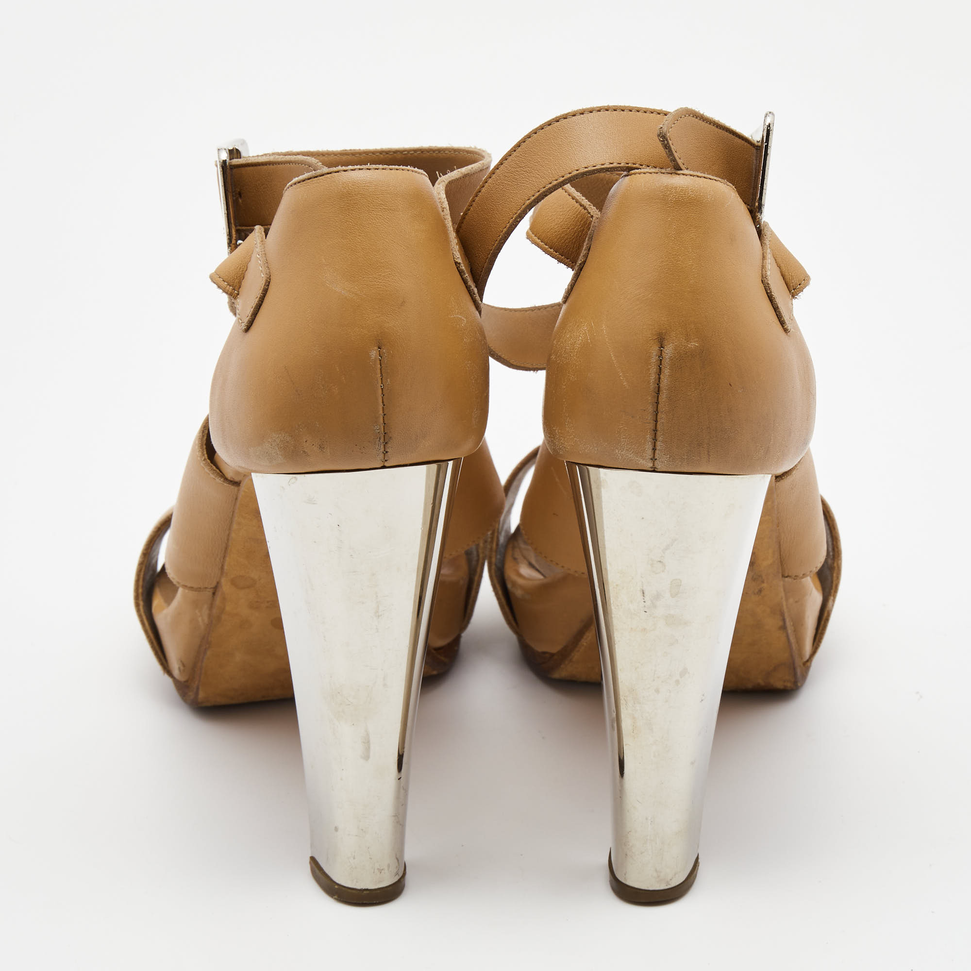 Hermes Tan Leather Platform Ankle Wrap Sandals Size 37