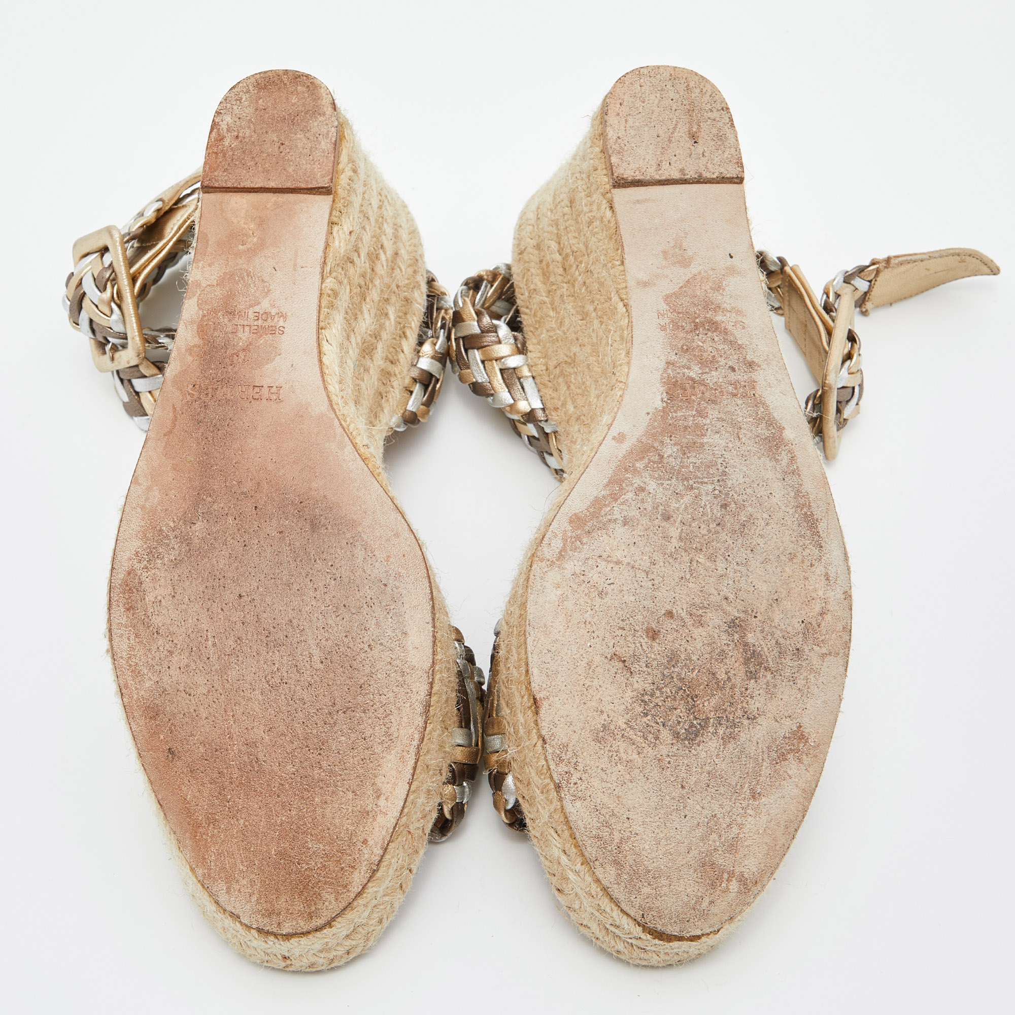 Hermes Metallic Woven Leather Sophia Espadrille Wedge Sandals Size 39