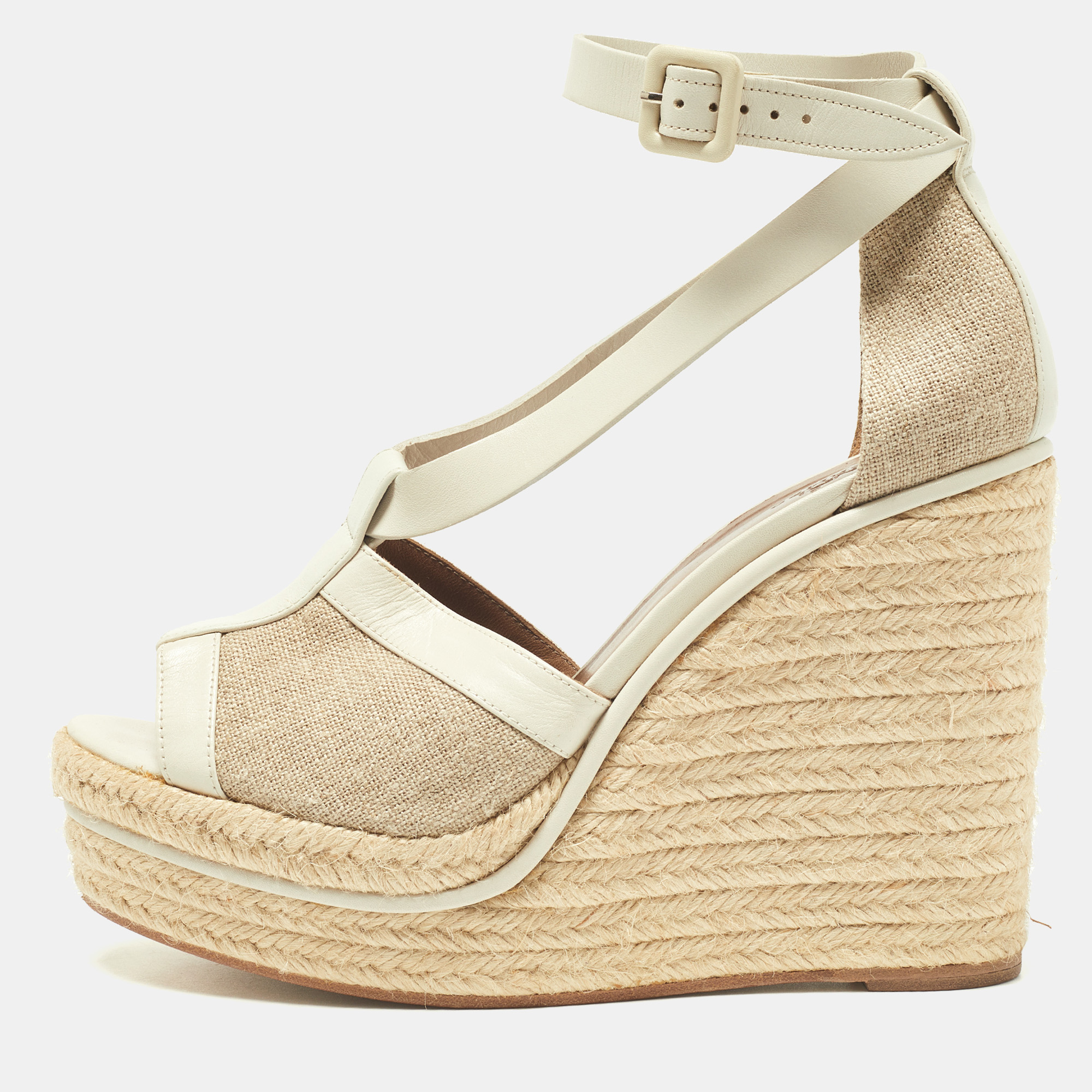 Hermes White/Beige Leather And Canvas Ibiza Espadrille Wedge Sandals Size 39