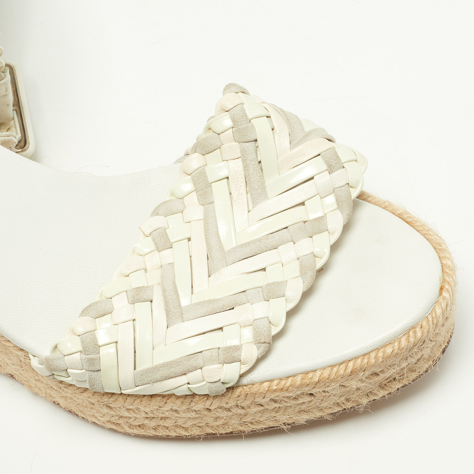 Hermes White/Grey Woven Patent Leather And Suede Sofia Espadrille Wedge Sandals Size 39