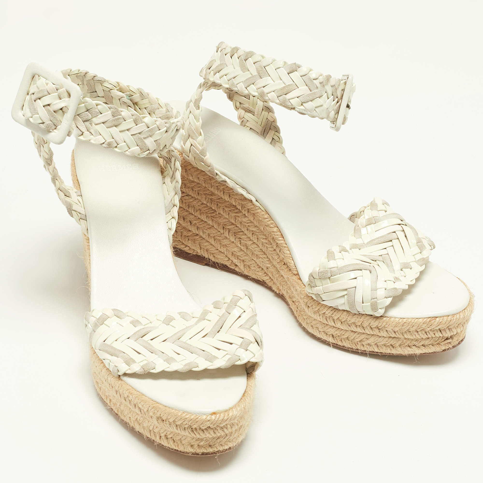 Hermes White/Grey Woven Patent Leather And Suede Sofia Espadrille Wedge Sandals Size 39