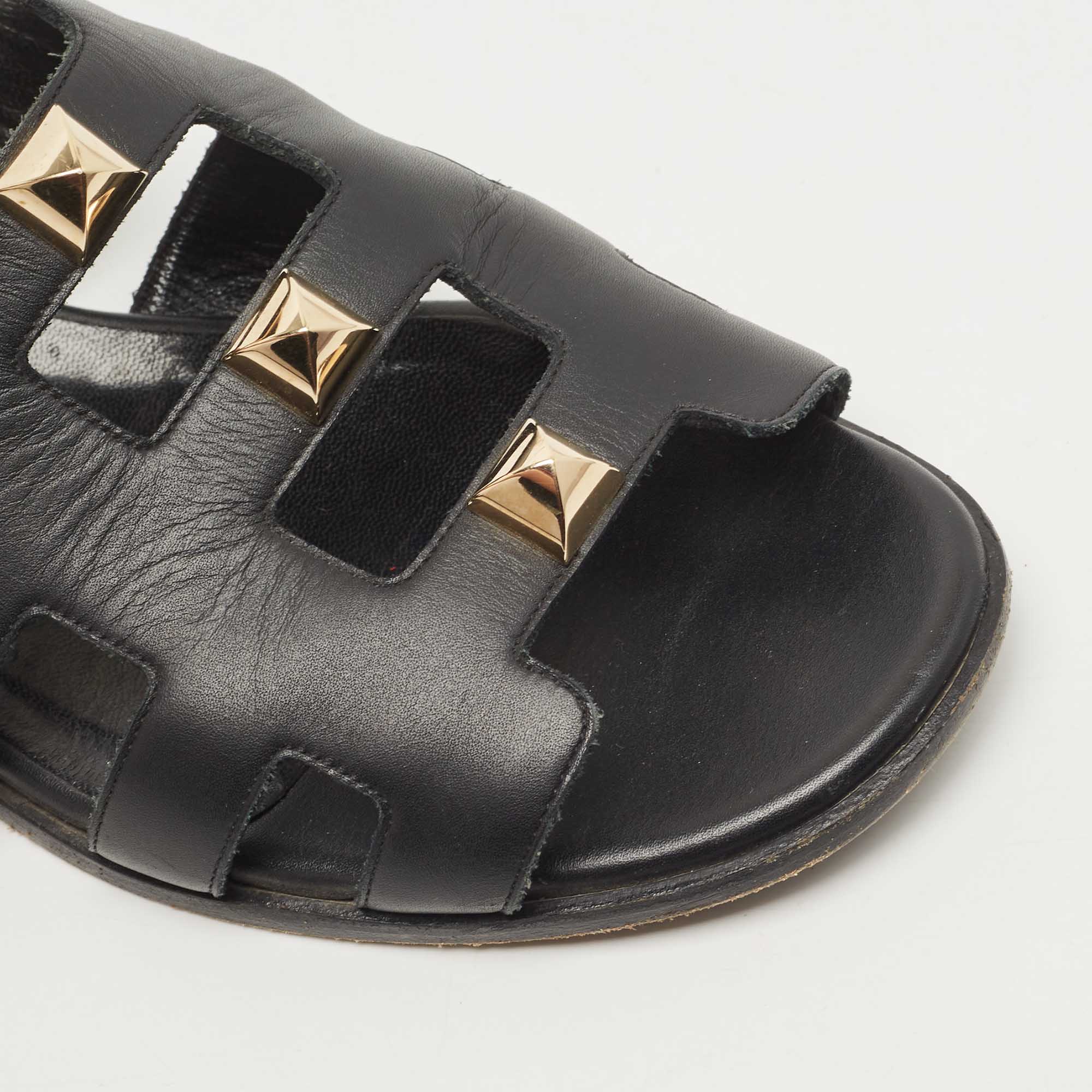 Hermes Black Leather Studded Slingback Sandals Size 37.5