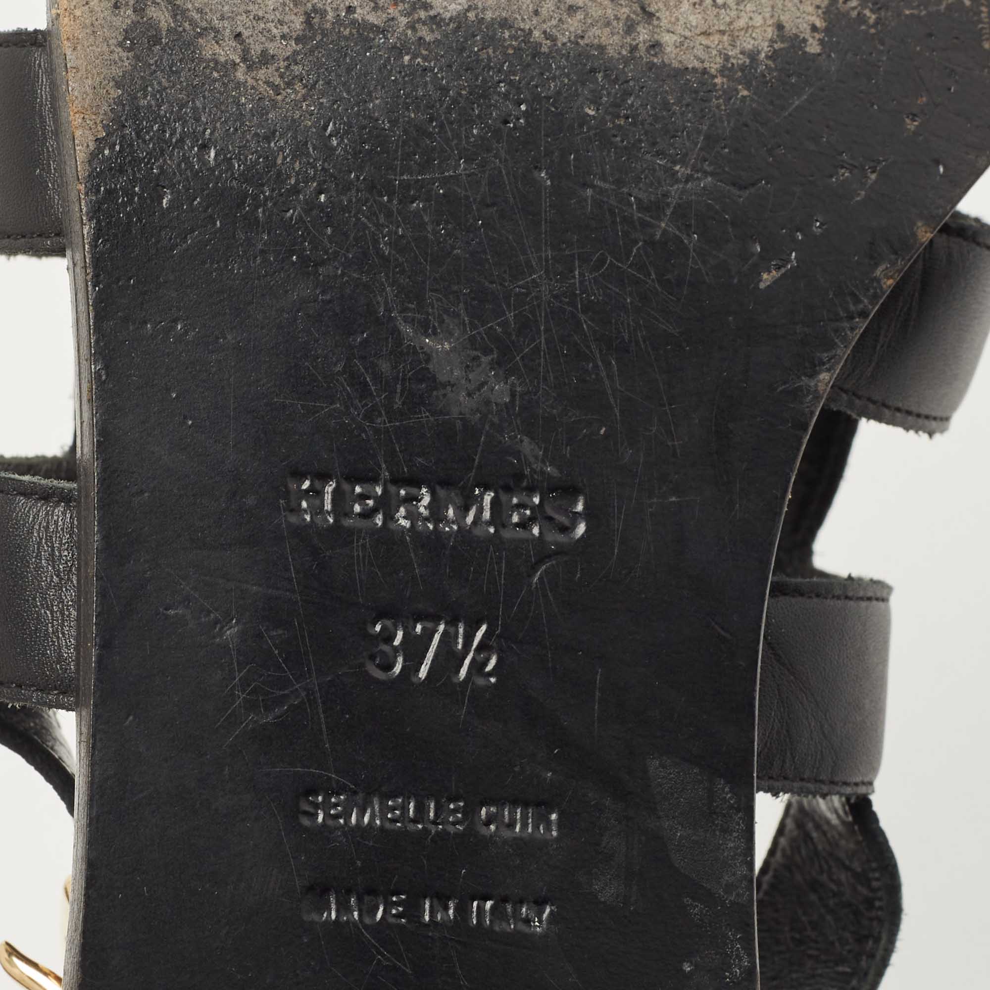 Hermes Black Leather Studded Slingback Sandals Size 37.5
