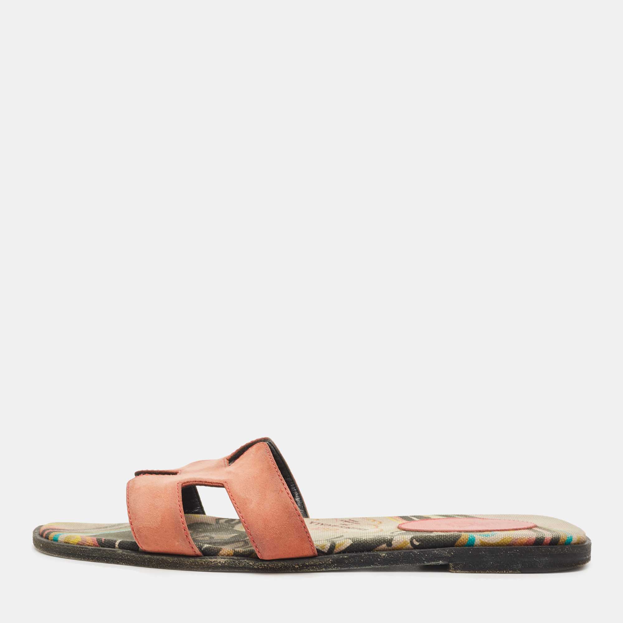 Hermes Pink Suede Oran Flat Slides Size 38