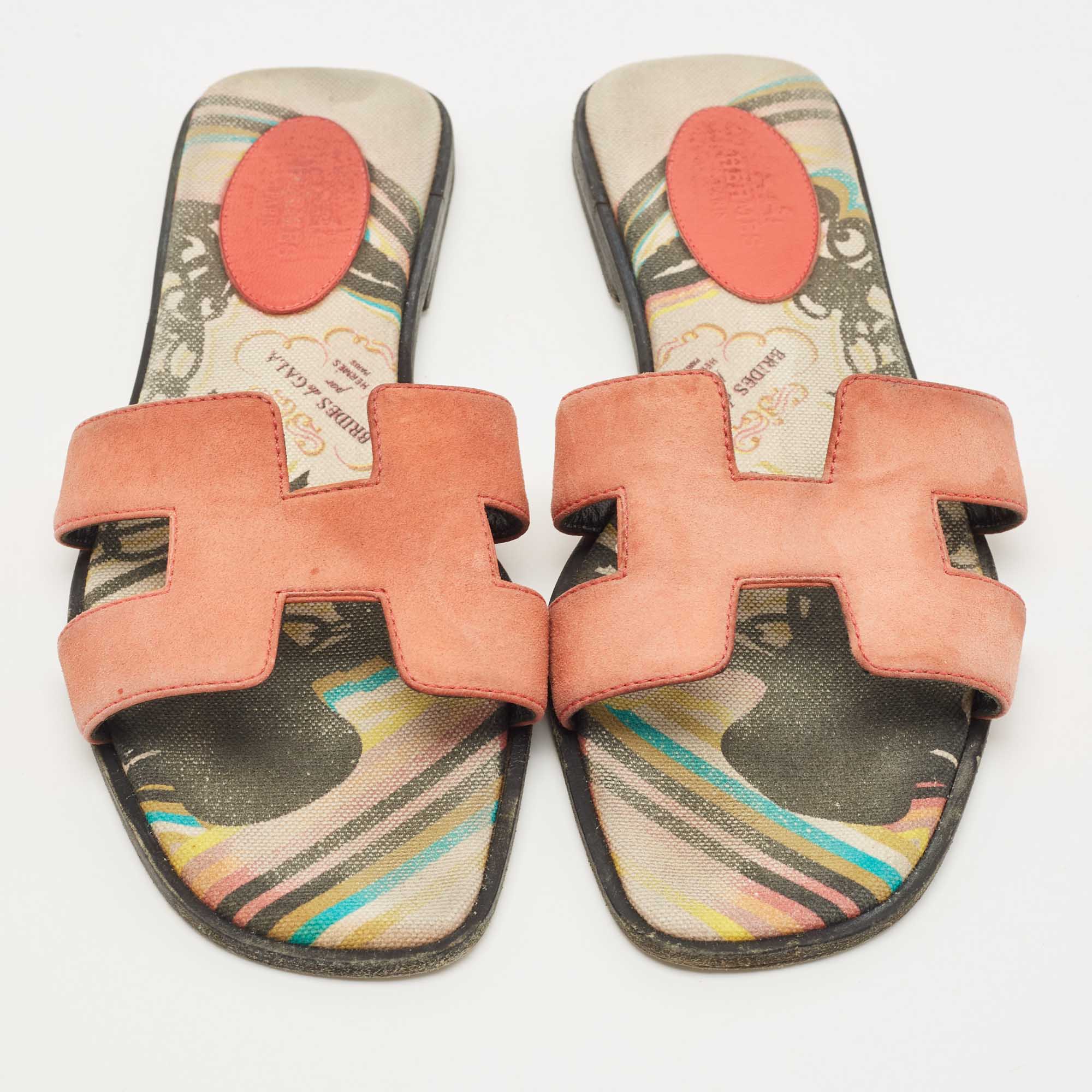 Hermes Pink Suede Oran Flat Slides Size 38