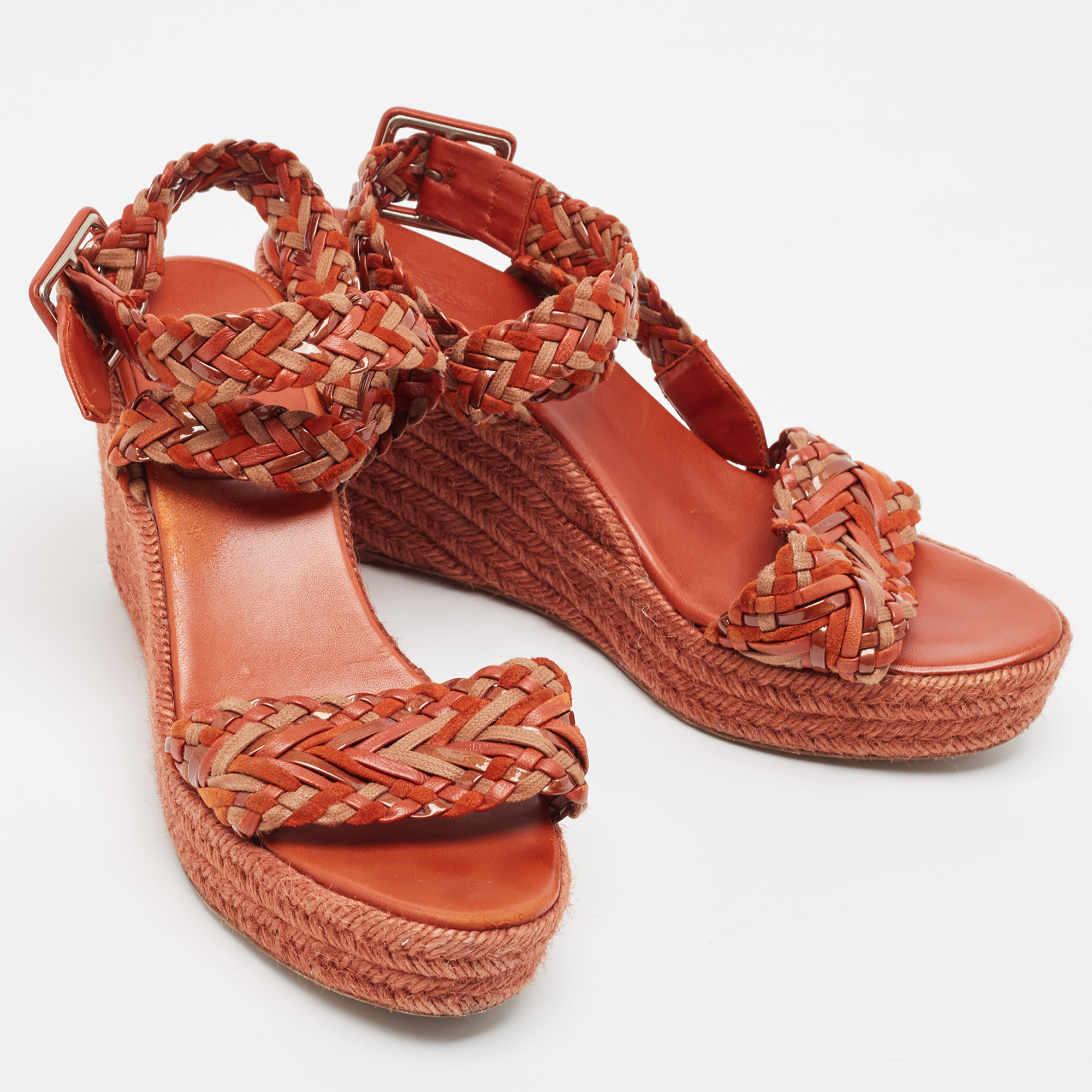 Hermes Brown Suede And Woven Wedge Espadrille Sandals Size 40