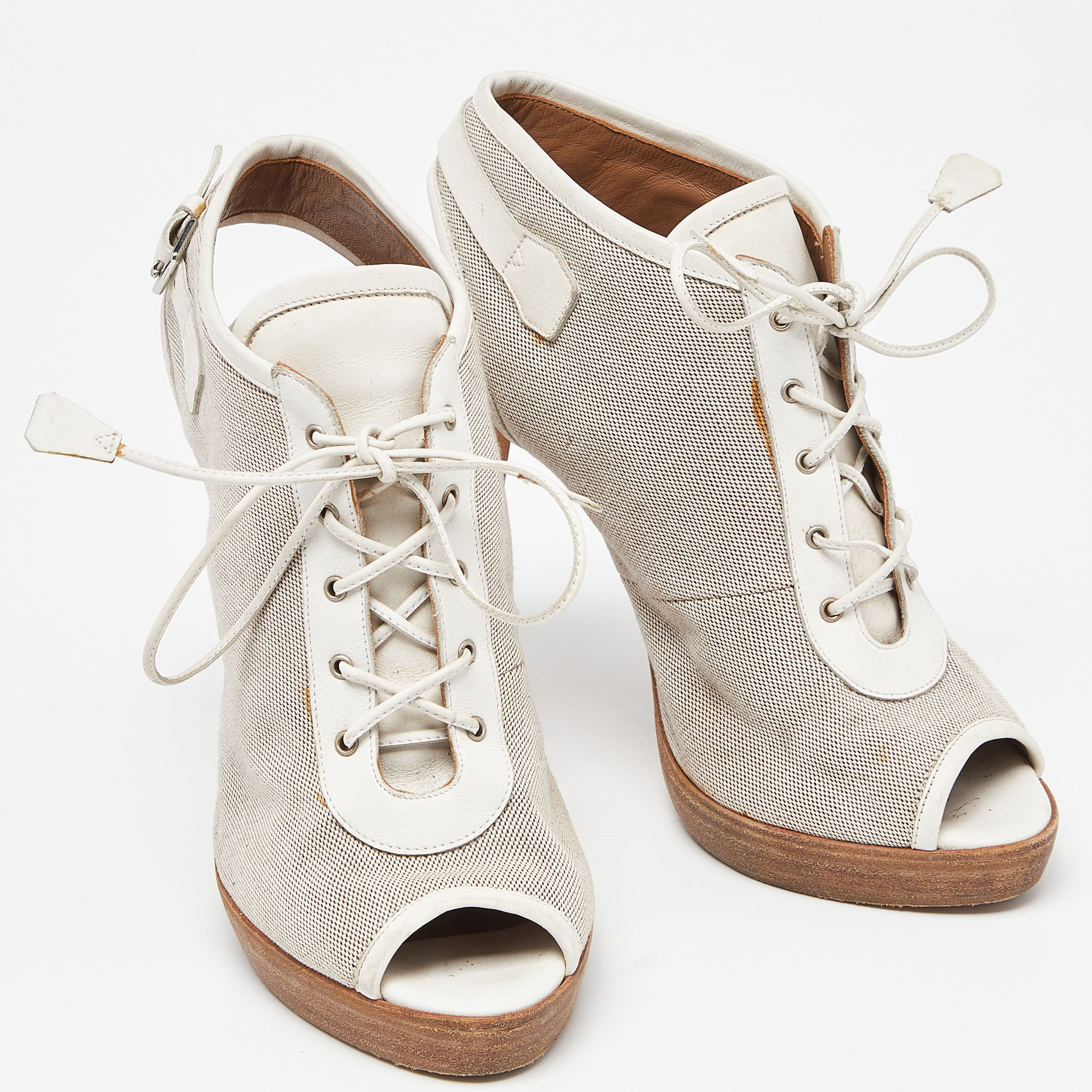 Hermes Grey/White Canvas And Leather Peep Toe Lace Up Slingback Booties Size 39