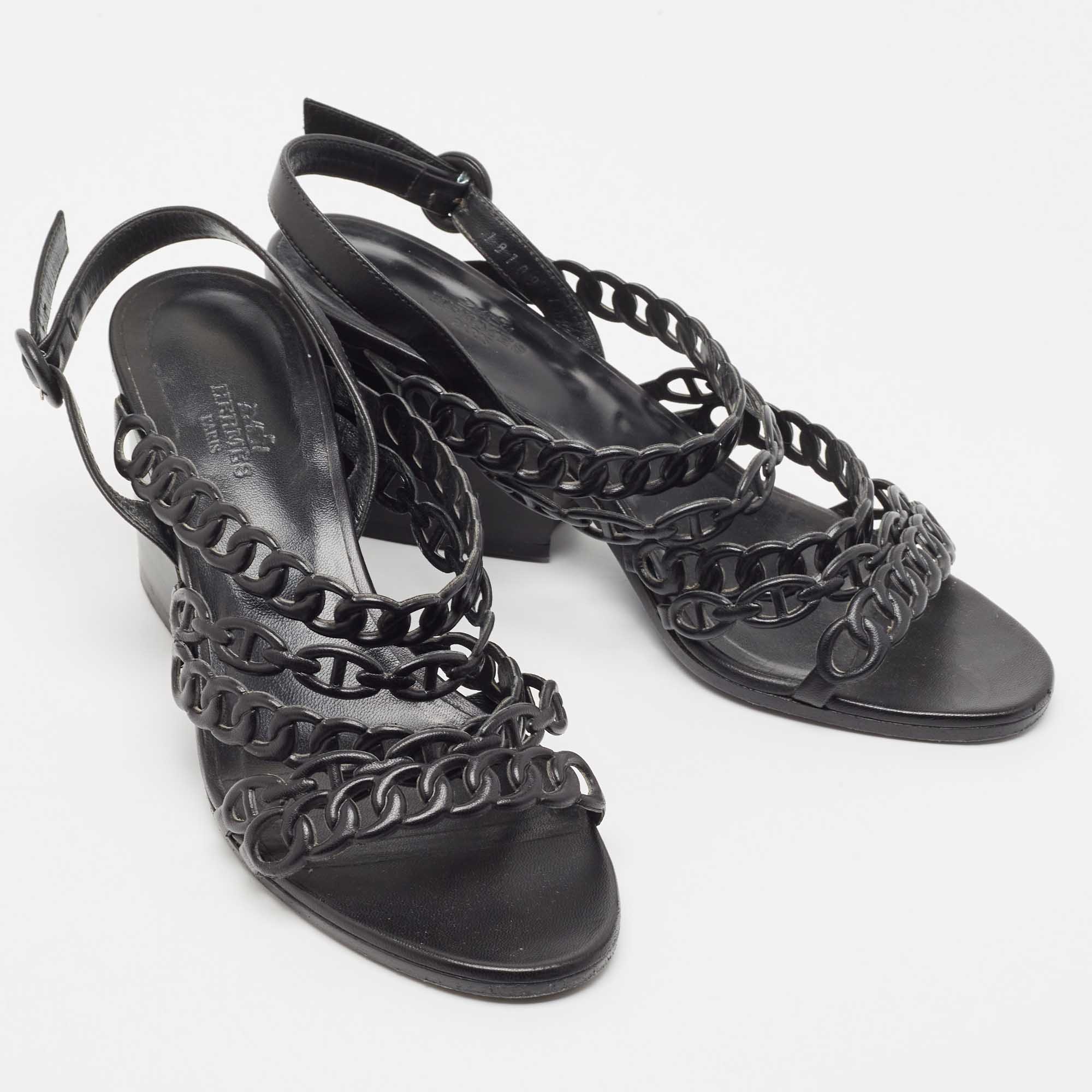 Hermes Black Leather Romanza Slingback Sandals Size 38